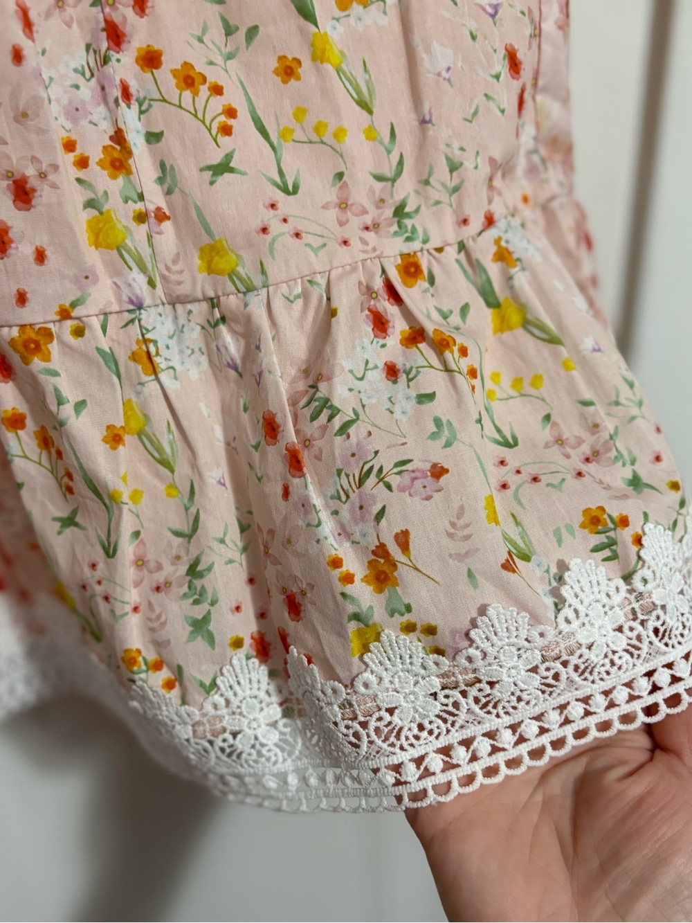 NWOT FORE Collection Floral Print Cotton Crochet Bubble Hem Sleeve Mini Dress - Picture 11 of 13
